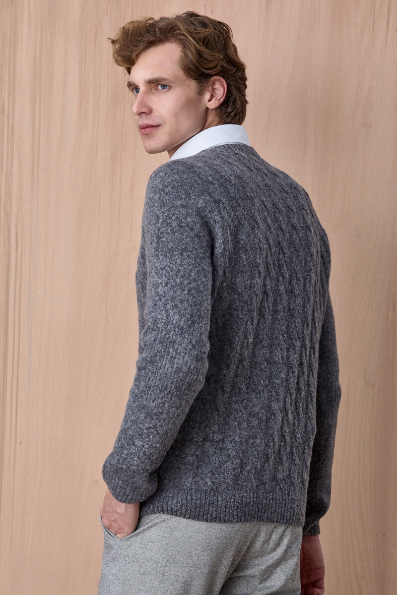 Grey Wool Cable Knit Crew Neck Sweater - 5