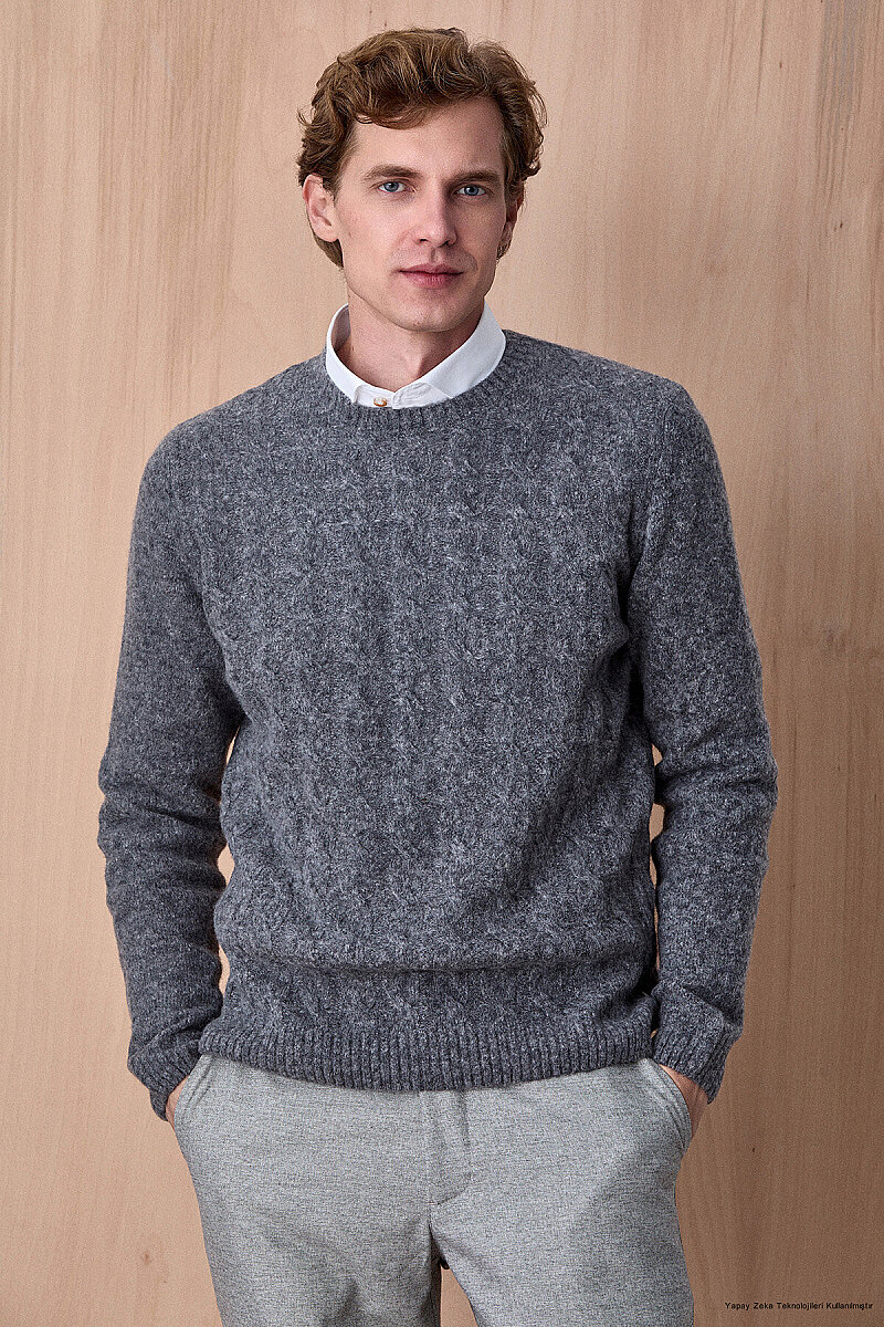 Grey Wool Cable Knit Crew Neck Sweater