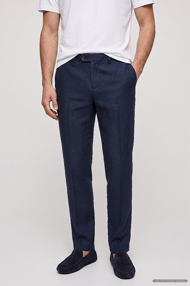 Lacivert %100 Keten Pantolon