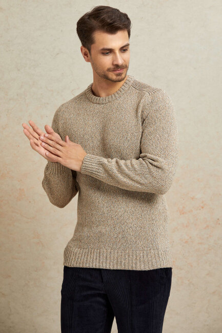Açık Bej %100 Pamuk Yuvarlak Yaka Kazak - 3
