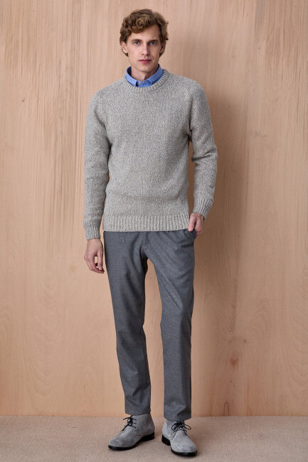 Açık Gri %100 Pamuk Yuvarlak Yaka Kazak - 3