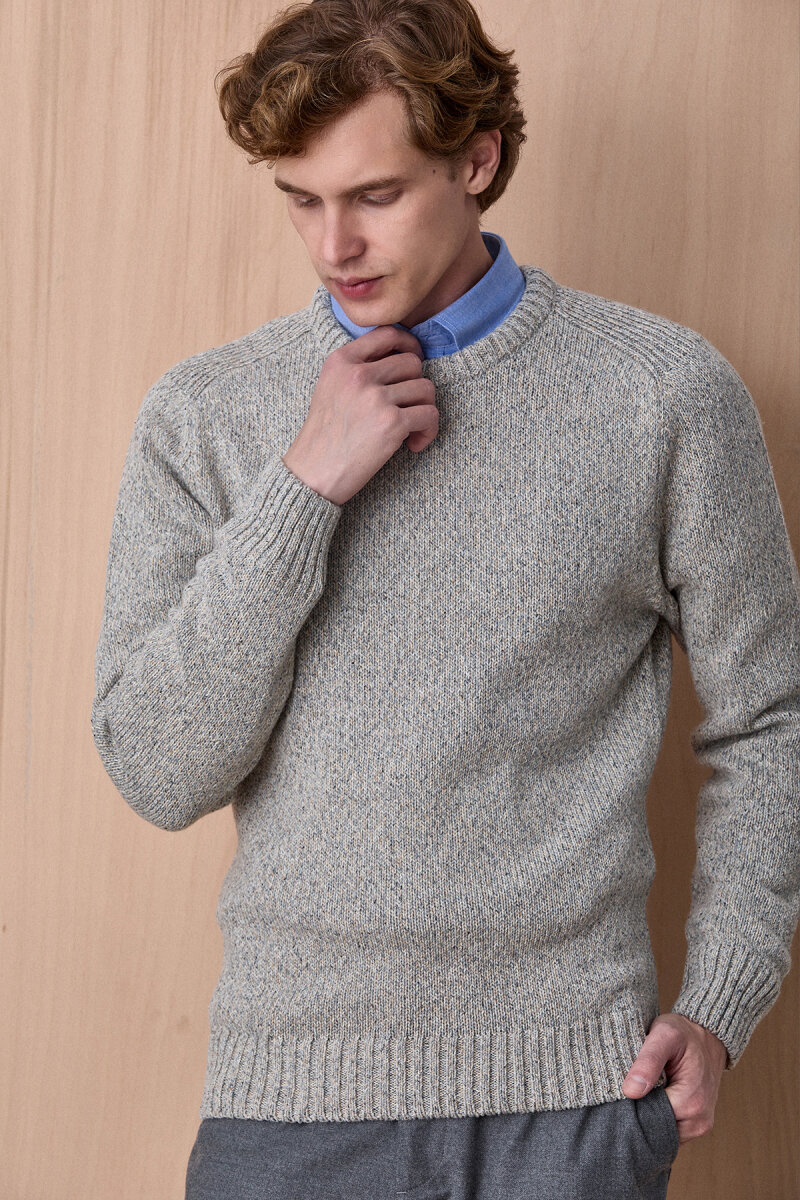 Açık Gri %100 Pamuk Yuvarlak Yaka Kazak - 4