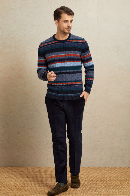 Navy Blue 100% Cotton Round Neck Sweater - 3