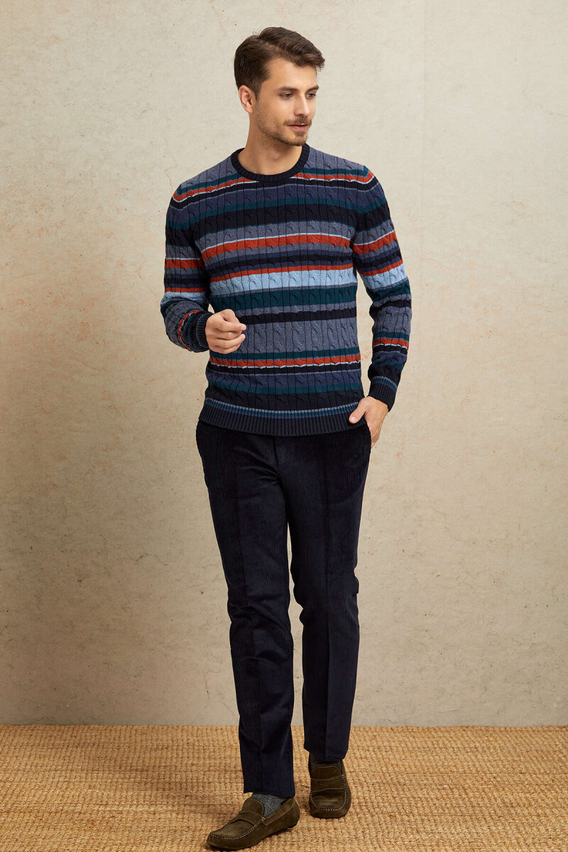 Navy Blue 100% Cotton Round Neck Sweater - 3