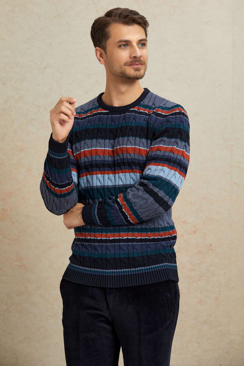 Navy Blue 100% Cotton Round Neck Sweater - 4