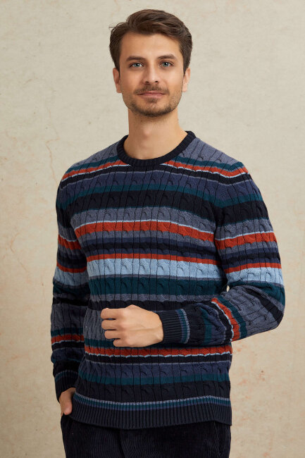 Navy Blue 100% Cotton Round Neck Sweater - 5