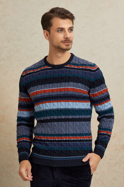 Navy Blue 100% Cotton Round Neck Sweater - 6