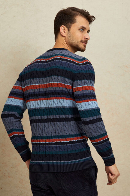 Navy Blue 100% Cotton Round Neck Sweater - 7