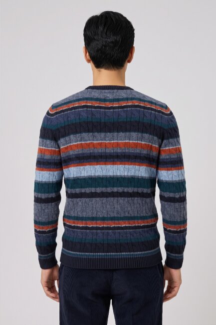 Navy Blue 100% Cotton Round Neck Sweater - 4