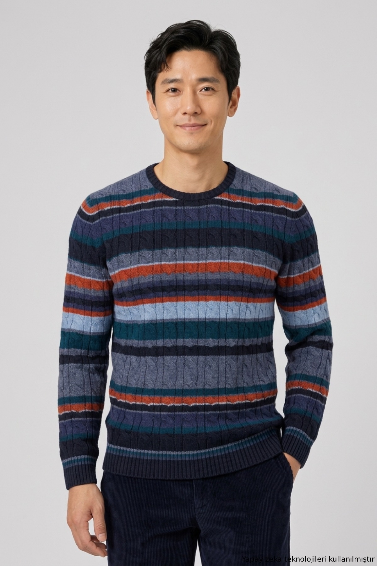 Navy Blue 100% Cotton Round Neck Sweater - 2