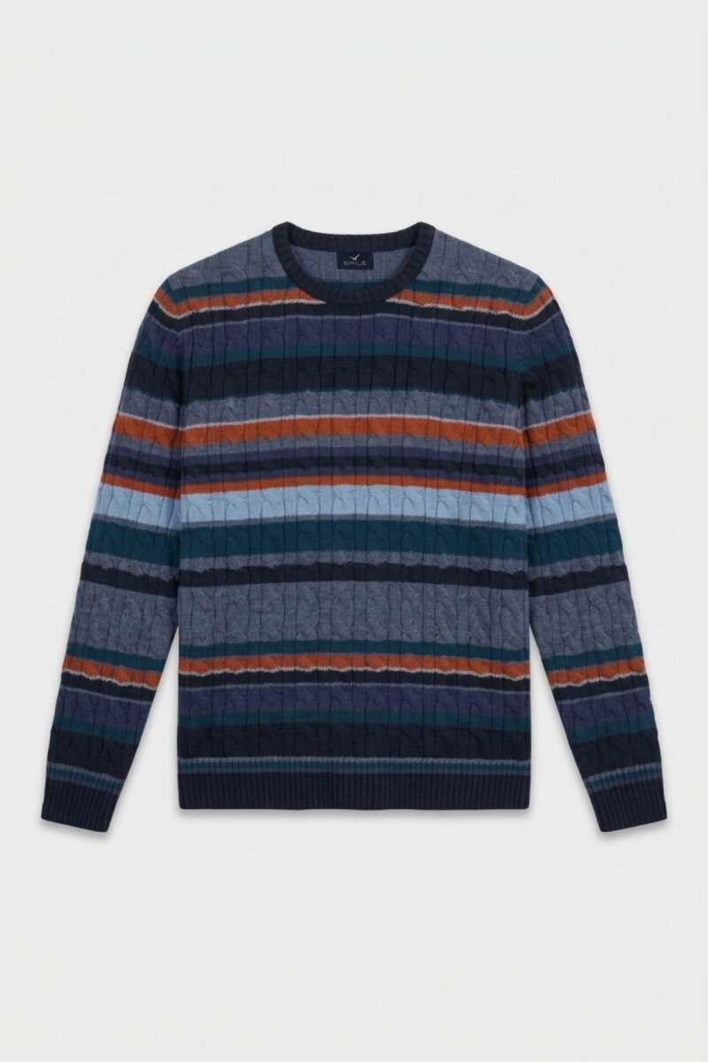 Navy Blue 100% Cotton Round Neck Sweater - 1