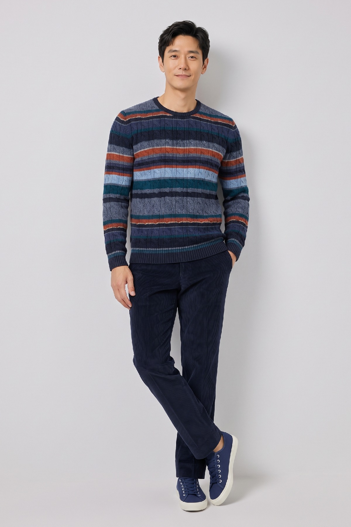 Navy Blue 100% Cotton Round Neck Sweater - 3