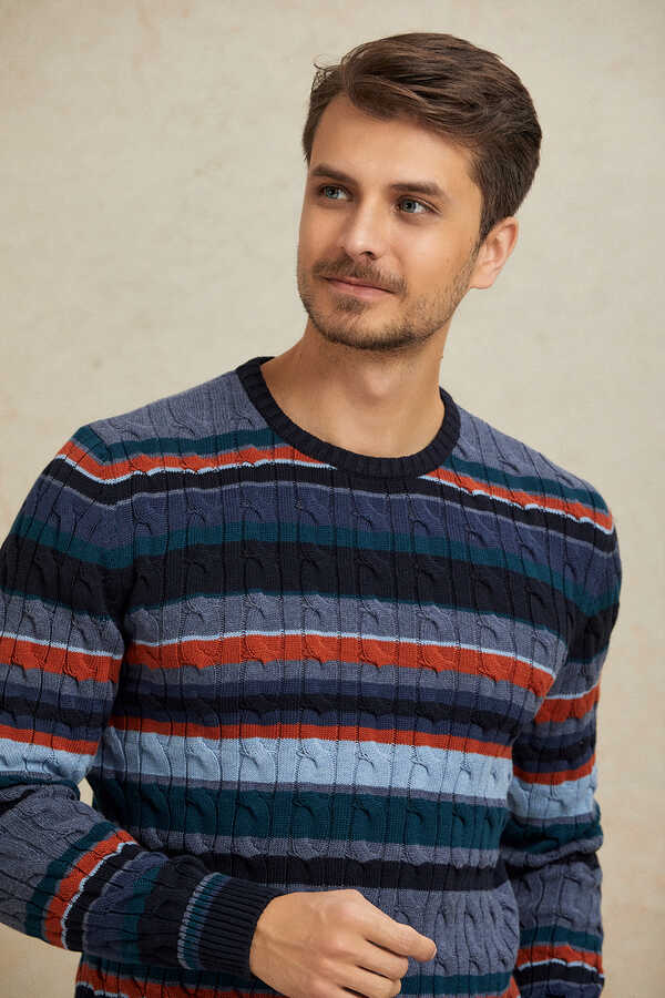 Navy Blue 100% Cotton Round Neck Sweater - 1