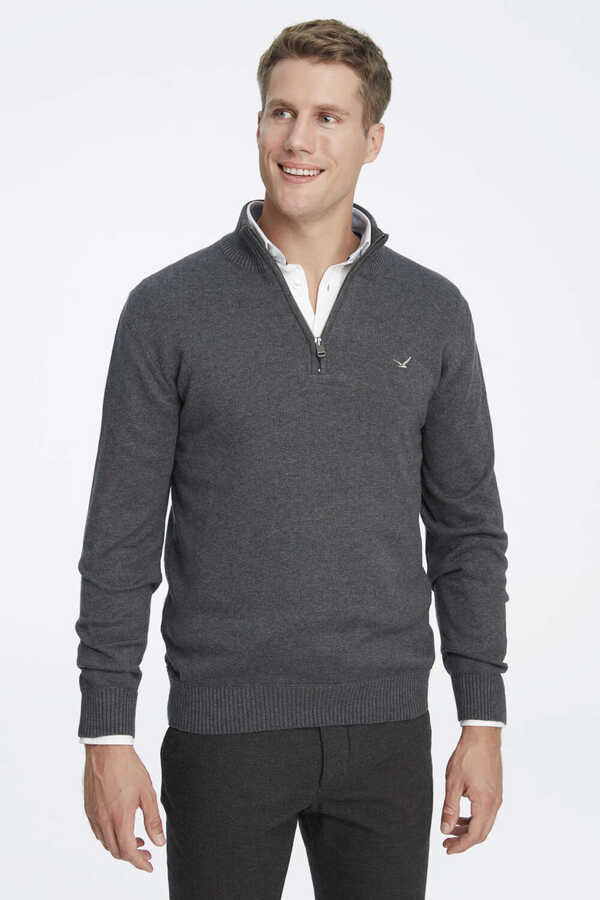 Anthracite 100% Cotton Short Zip Sweater - 1