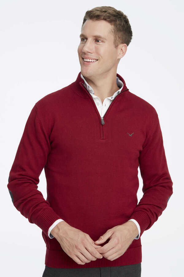Burgundy 100% Cotton Short Zip Sweater - 1