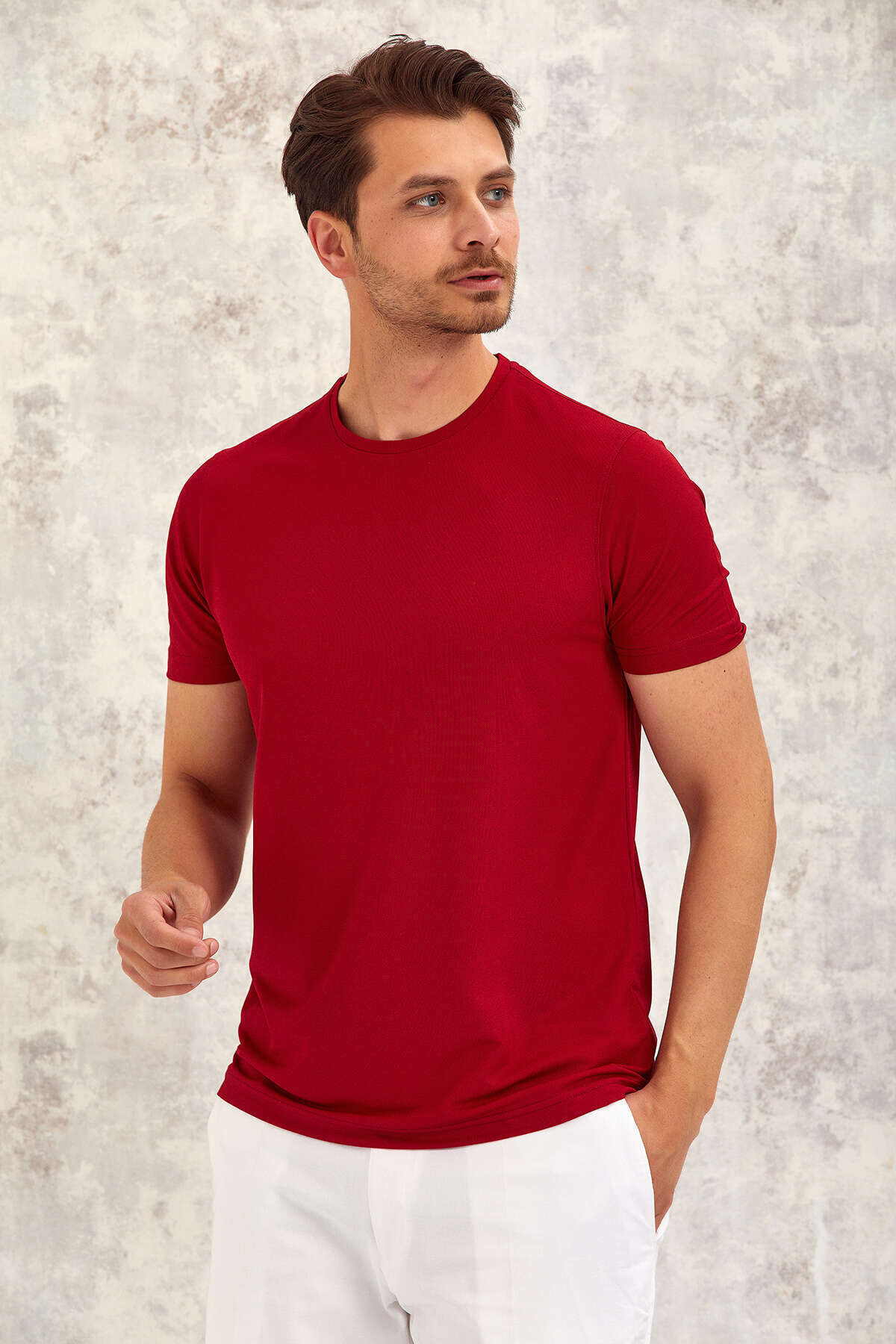 Bordo Bisiklet Yaka Basic Tişört - 4