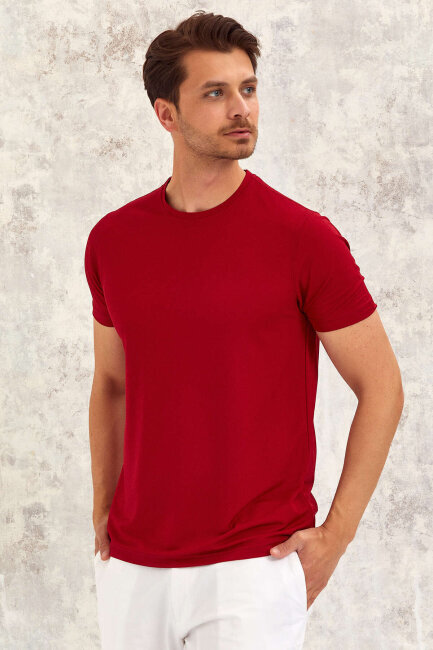 Bordo Bisiklet Yaka Basic Tişört - 5