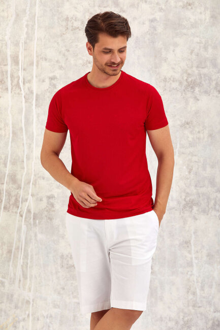 Kırmızı Bisiklet Yaka Basic Tişört - 2