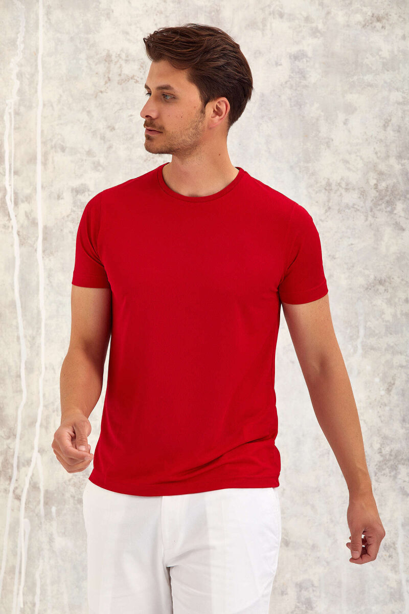 Kırmızı Bisiklet Yaka Basic Tişört - 4