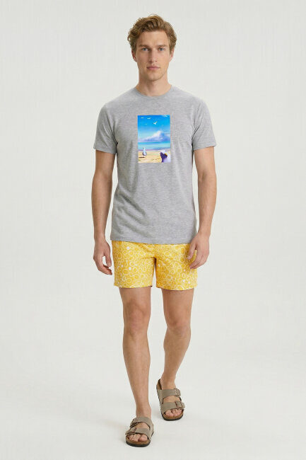 Gri Melanj Pamuklu Baskılı Tişört - 2