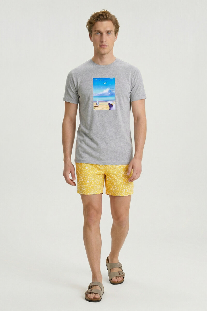 Gri Melanj Pamuklu Baskılı Tişört (1)