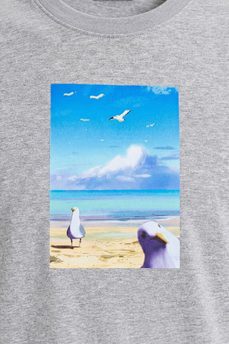 Gri Melanj Pamuklu Baskılı Tişört - 3