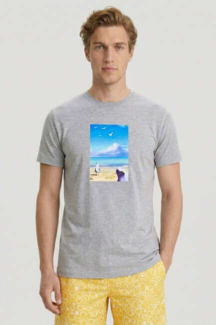 Gri Melanj Pamuklu Baskılı Tişört - 1