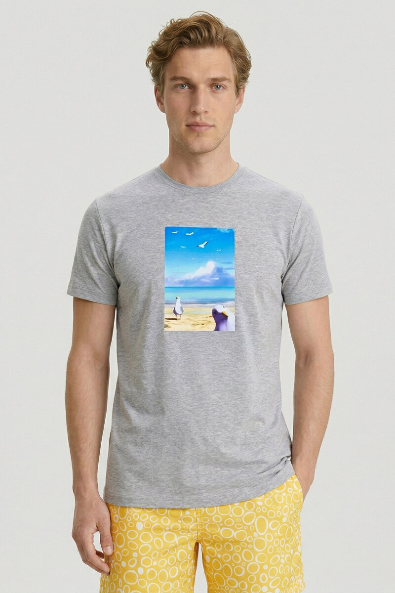 Gri Melanj Pamuklu Baskılı Tişört