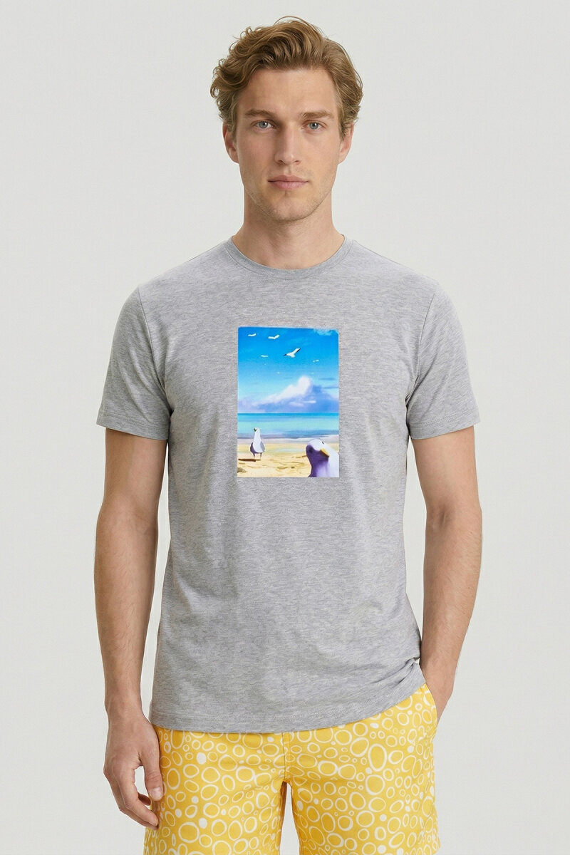 Gri Melanj Pamuklu Baskılı Tişört