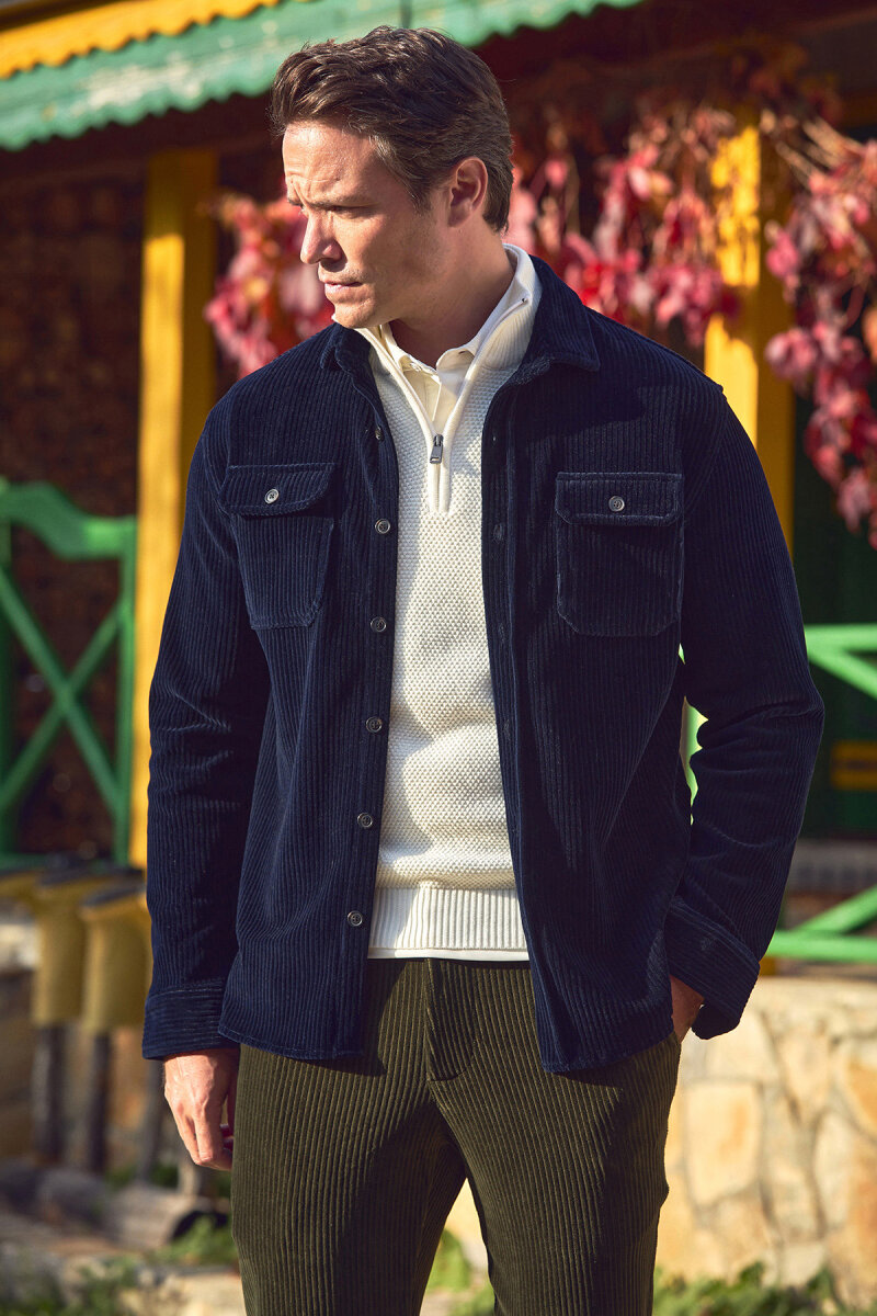 Lacivert Pamuklu Kadife Dış Gömlek - 1