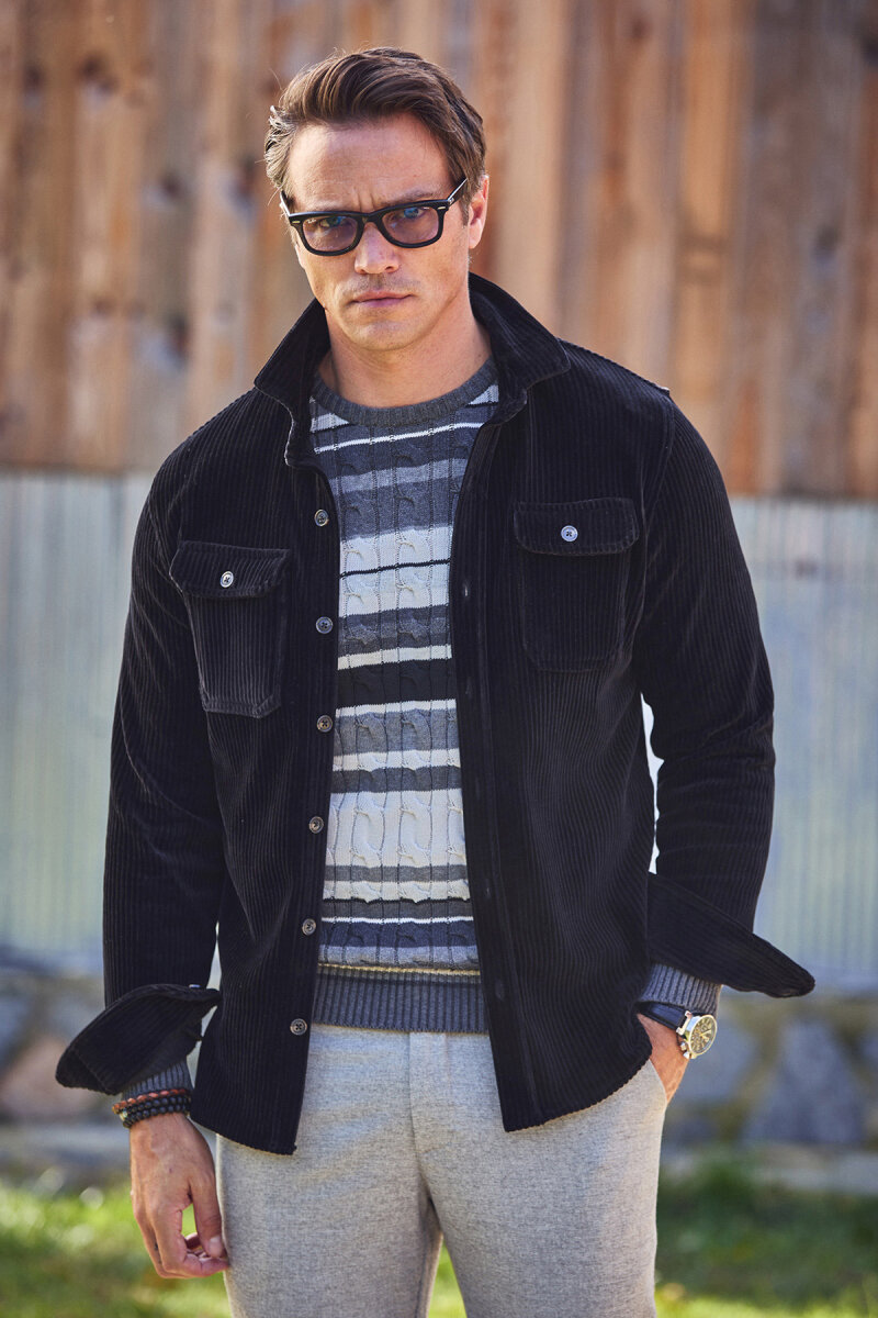 Siyah Pamuklu Kadife Dış Gömlek - 1