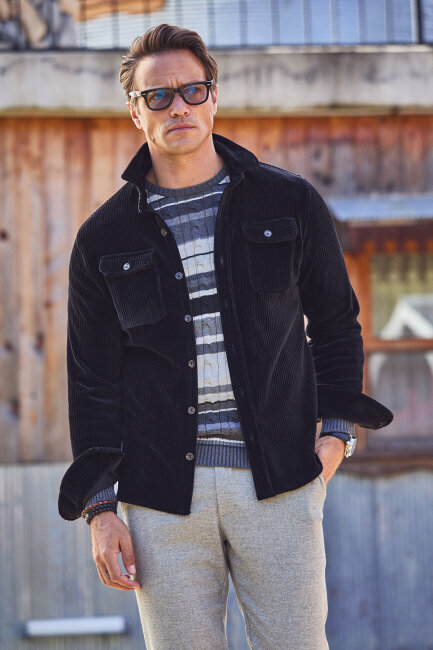 Siyah Pamuklu Kadife Dış Gömlek - 3