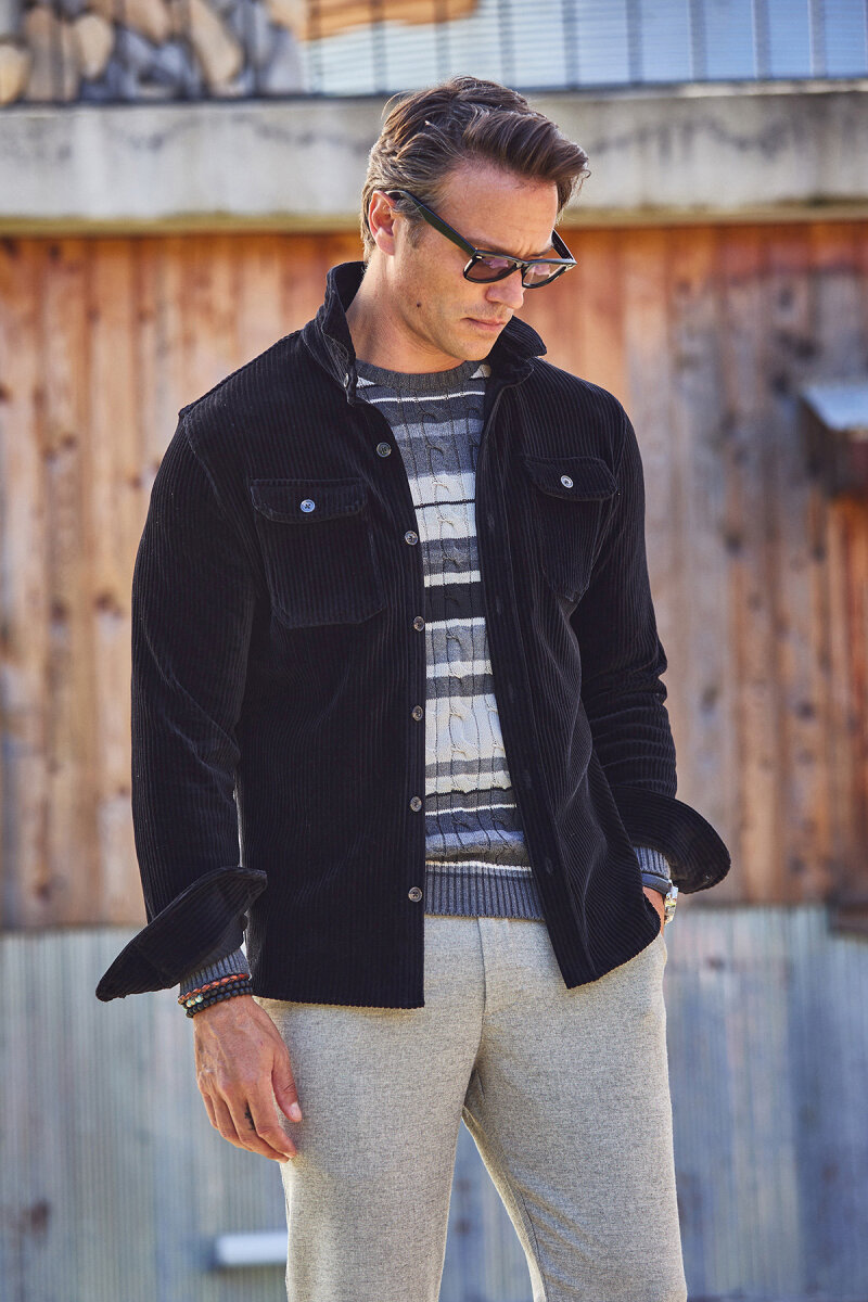 Siyah Pamuklu Kadife Dış Gömlek - 5