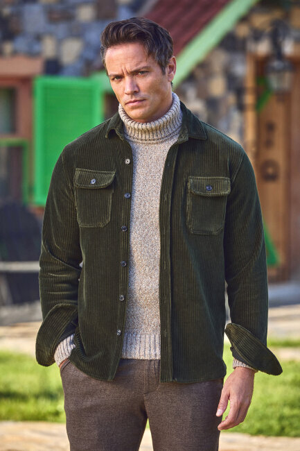 Yeşil Pamuklu Kadife Dış Gömlek 