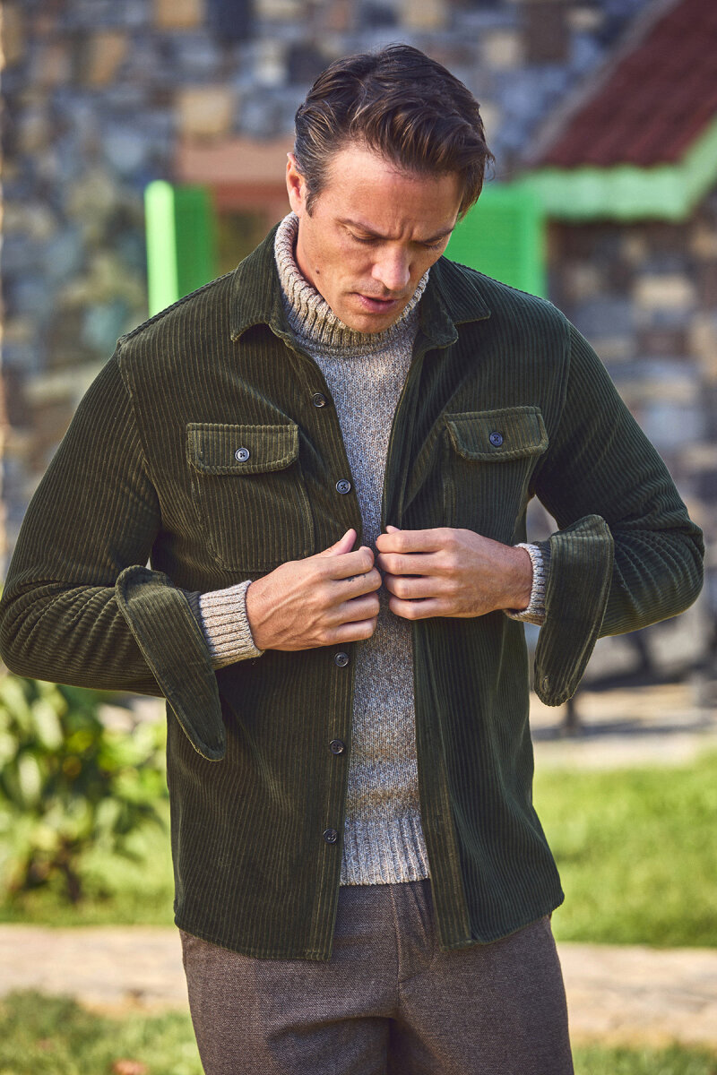 Yeşil Pamuklu Kadife Dış Gömlek - 4