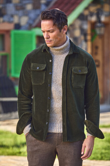 Yeşil Pamuklu Kadife Dış Gömlek - 5