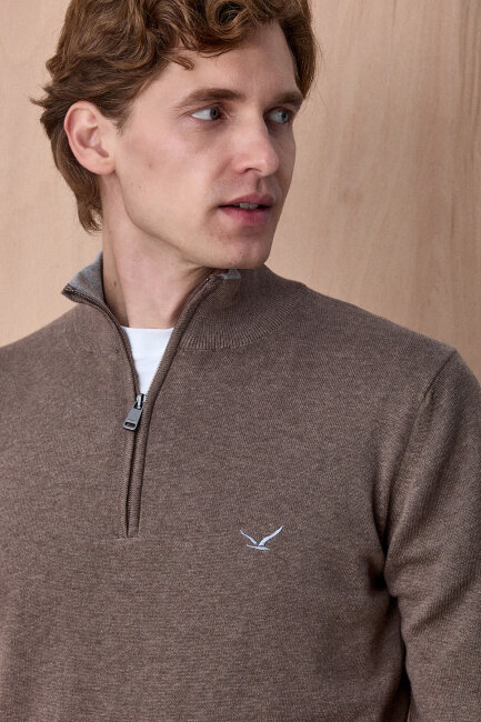 Açık Haki %100 Pamuk Fermuarlı Kazak (1)