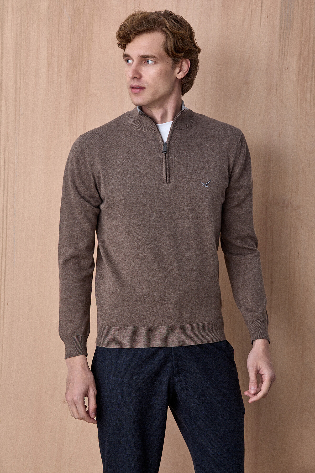 Açık Haki %100 Pamuk Fermuarlı Kazak - 3