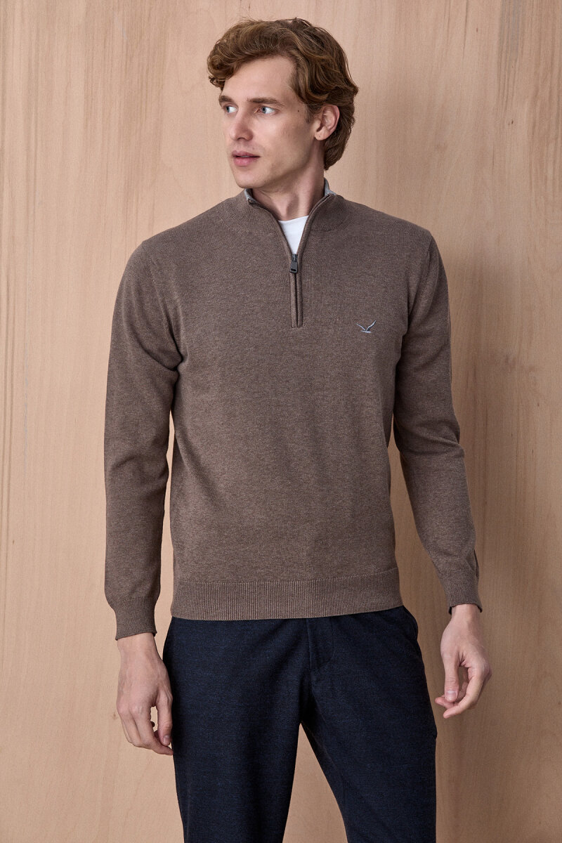 Açık Haki %100 Pamuk Fermuarlı Kazak - 3