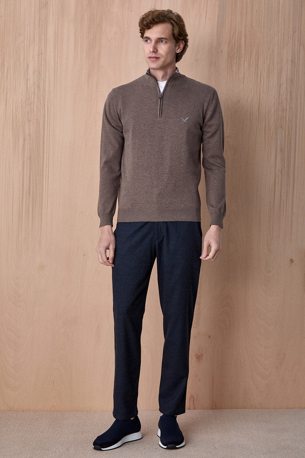 Açık Haki %100 Pamuk Fermuarlı Kazak - 4