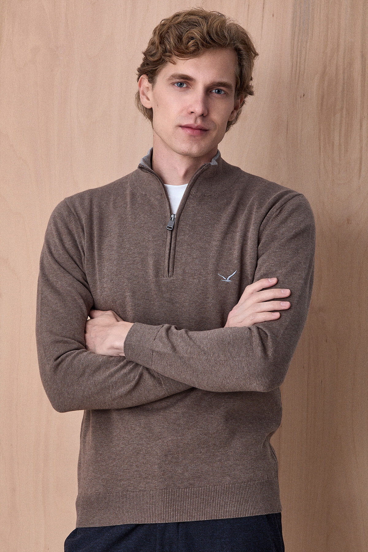 Açık Haki %100 Pamuk Fermuarlı Kazak - 5