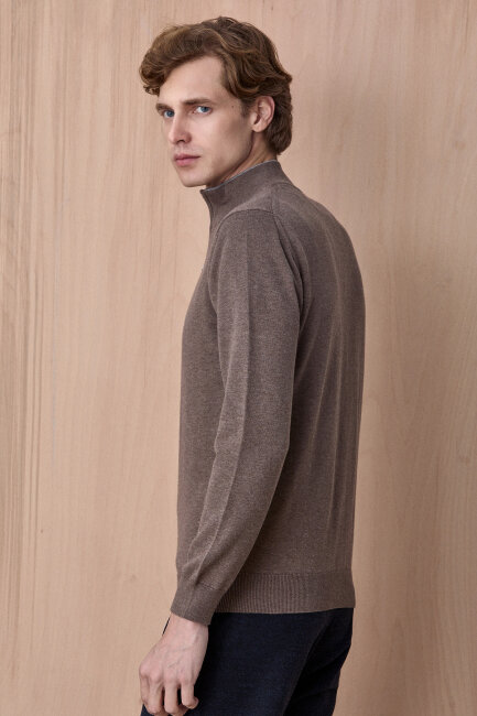 Açık Haki %100 Pamuk Fermuarlı Kazak - 6