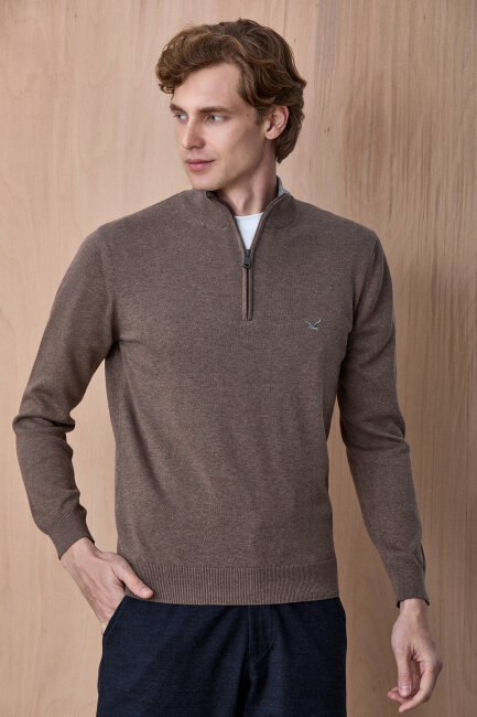 Açık Haki %100 Pamuk Fermuarlı Kazak 