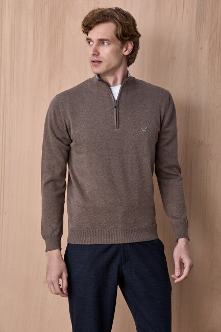 Açık Haki %100 Pamuk Fermuarlı Kazak - 3