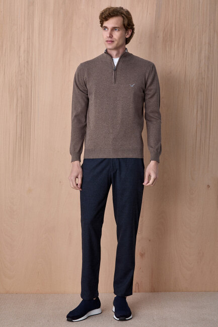 Açık Haki %100 Pamuk Fermuarlı Kazak - 4