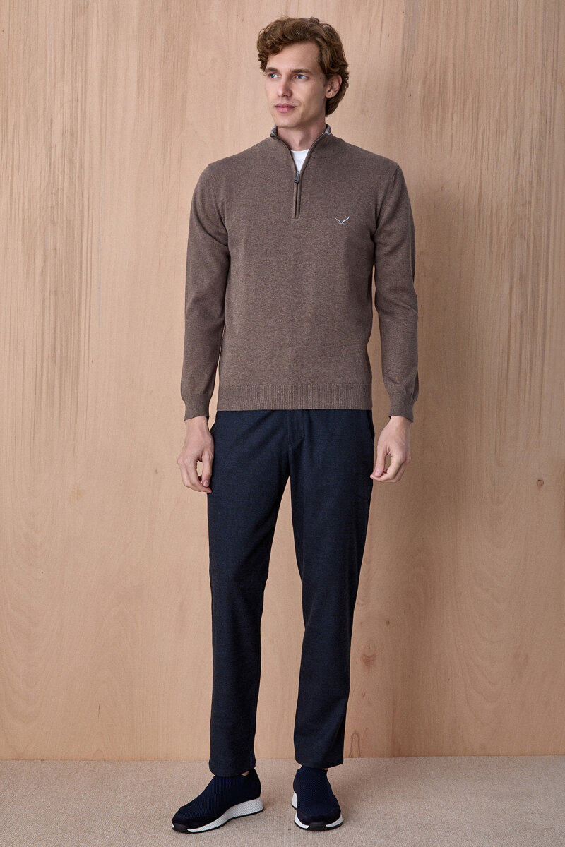 Açık Haki %100 Pamuk Fermuarlı Kazak - 4