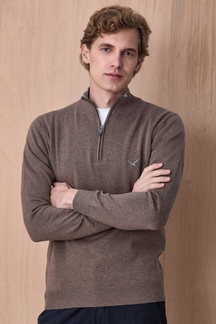 Açık Haki %100 Pamuk Fermuarlı Kazak - 5