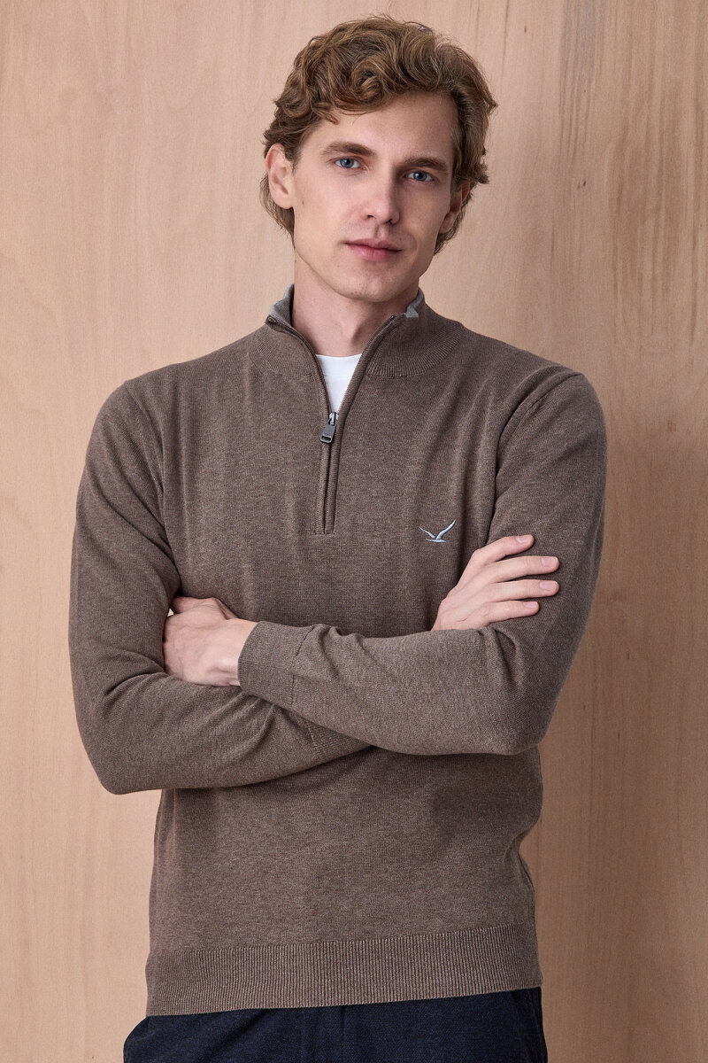 Açık Haki %100 Pamuk Fermuarlı Kazak - 5