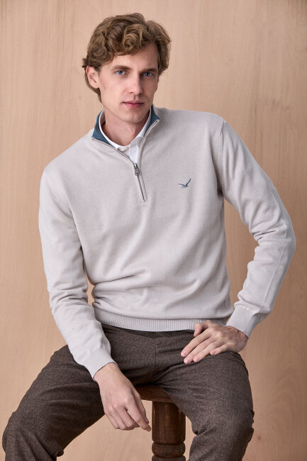 Buz Grisi %100 Pamuk Fermuarlı Kazak 