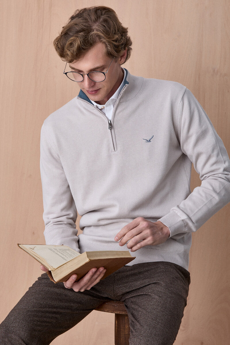 Buz Grisi %100 Pamuk Fermuarlı Kazak - 5